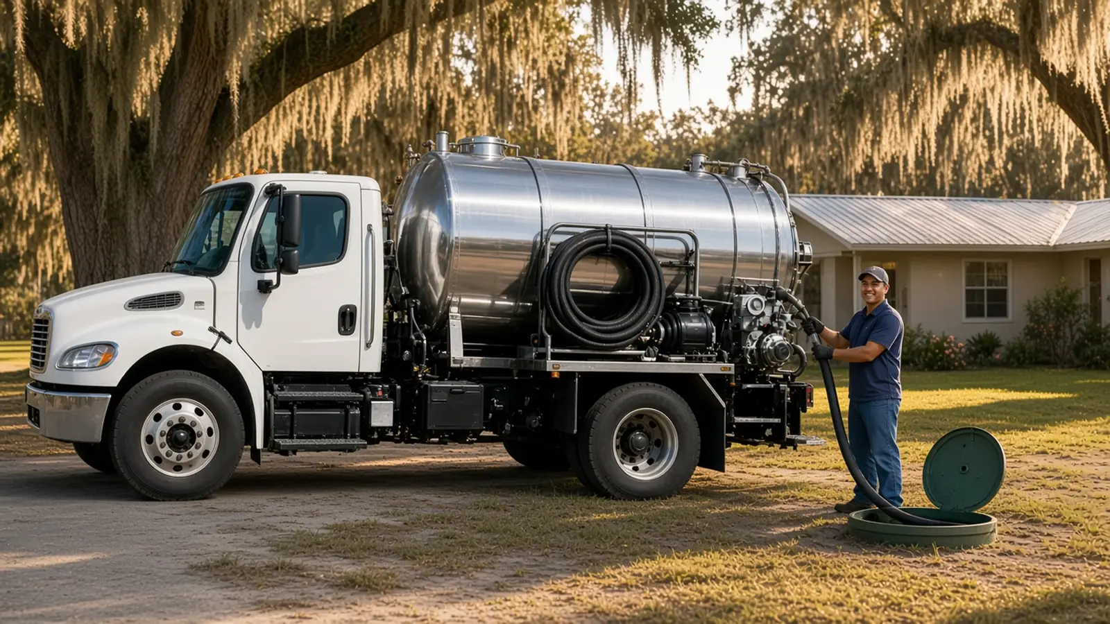 Septic technician beside a stainless steel pumper truck, with a suction hose running to an open septic tank lid at a ranch home under moss-draped live oaks